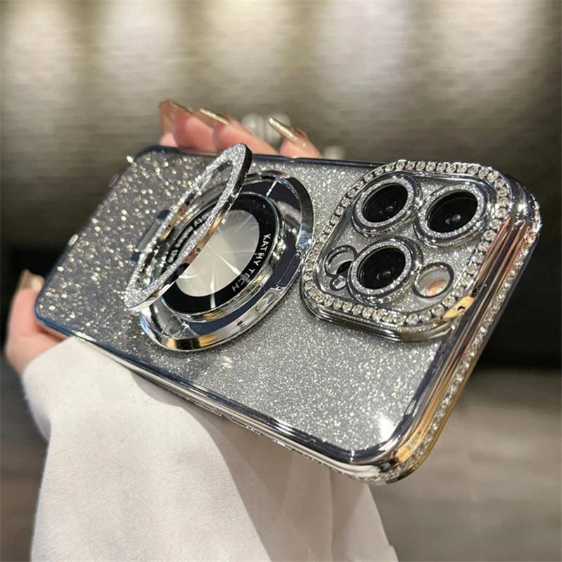 Luxury Plating For Magsafe Magnetic Stand Holder Glitter Diamond Case For iPhone 17 16 15 11 12 13 14 Pro Max Silicone Cover