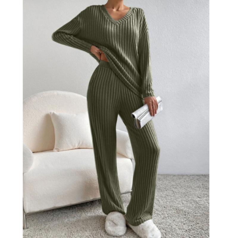 Pantaloni a gamba dritta casual alla moda autunnale da donna in due pezzi, temperamento, scollo a V largo, tuta lavorata a maglia