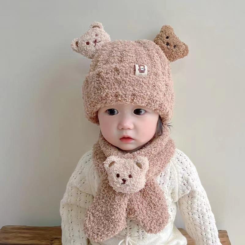 

Baby winter warm hat super cute children knitted cute bear scarf cover hat boys and girls ear protection warm hat