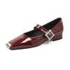 New Metal Toe Low Heel Patent Leather Mary Jane Shoes Women Red T-Bar Strap Chunky Heel French Style Flats