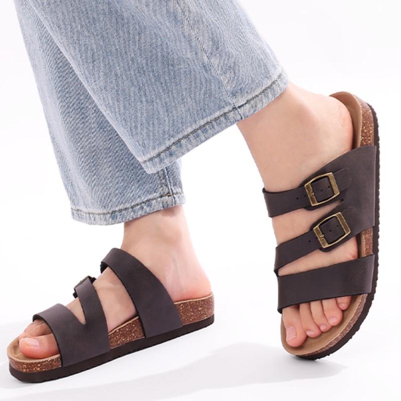 Fashion Shevalues Women's Clogs Sandals Summer Fashion Cork Footbed Lady Flat Mules With Double Buckle 2025 New Orthopedic Beach Slipper