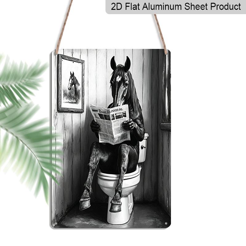 2D Vlak 8×12 Inch Grappig Paard Leest Krant op Toilet Metalen Bord - Grillige Zwart-Witte Badkamer Wanddecoratie, Aluminium Ophanging voor Toiletruimte