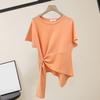 T-shirt à manches courtes et col rond pour femme, ourlet irrégulier, élastique, fin, couleur unie, pull ample, streetwear, été