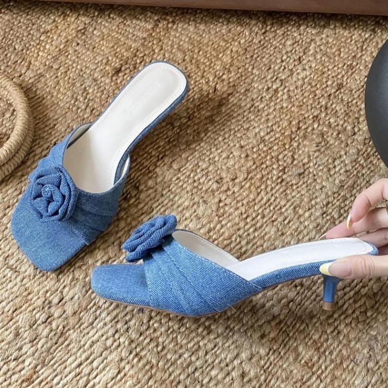 Fashion Fashion Pleated Floral Design Brand Slippers Women Sexy Square Toe Thin Heel Slide Sandals Elegant Comfort Slingback Dress Shoes