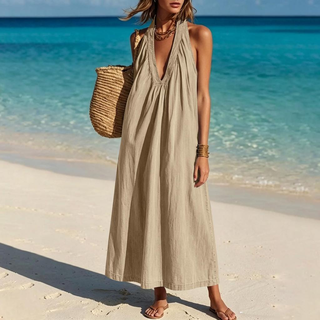 Women's Fashion Sleeveless V Neck Backless Casual Loose Fit Long Dress Summer Beachwear Maxi Dress
