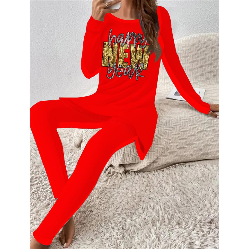 Euro-amerikanische Mode 3D Neujahrsdruck Damen Vier-Jahreszeiten Langarm-T-Shirt + Lange Hose Zweiteiliges Set. Das perfekte Geschenk für Neujahr