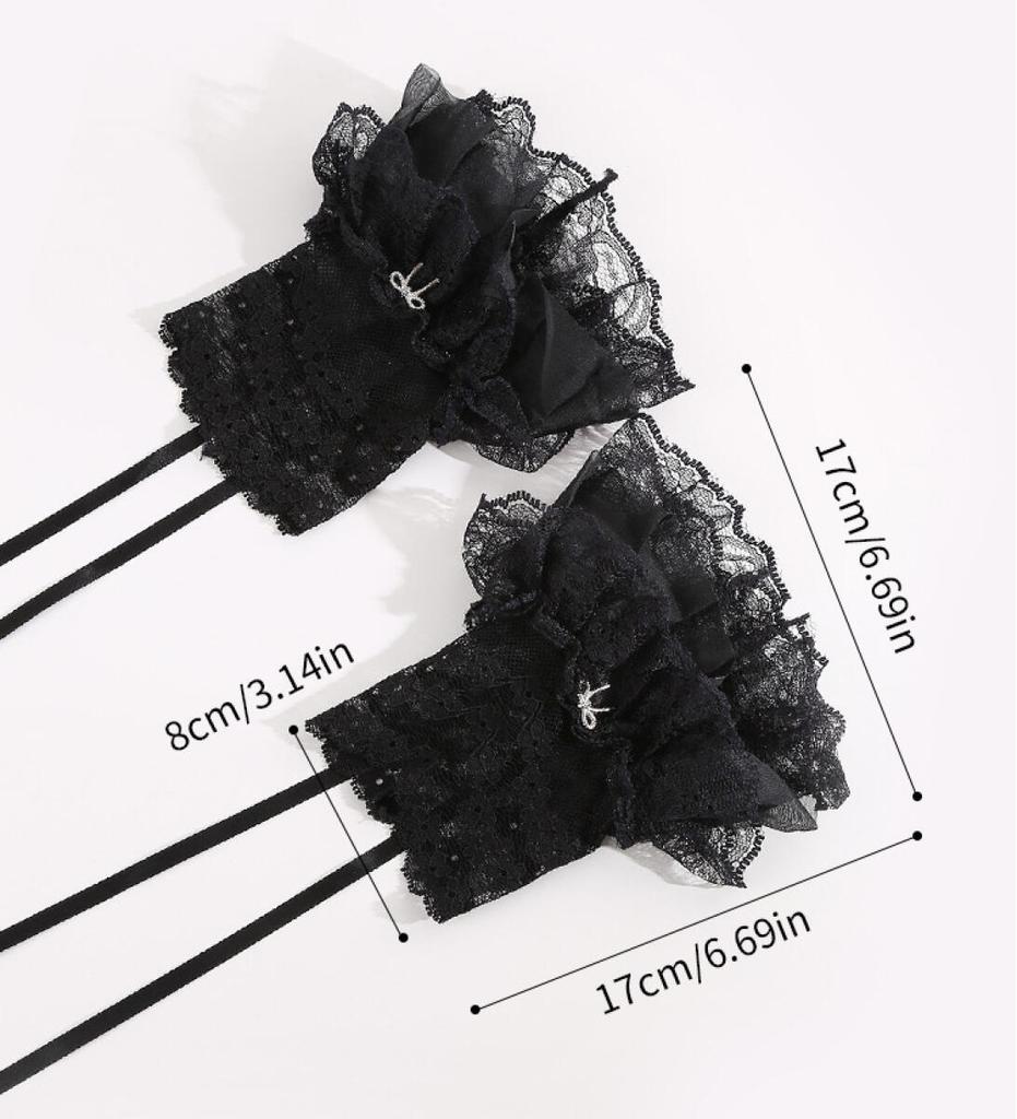 Lolita Arm Sleeves Gothic Lolita Lace Wrist Cuffs Ruffled Sheer Lace Wristbands With Ribbon Tie Anime Bell-sleeve Bow Arm Warmer