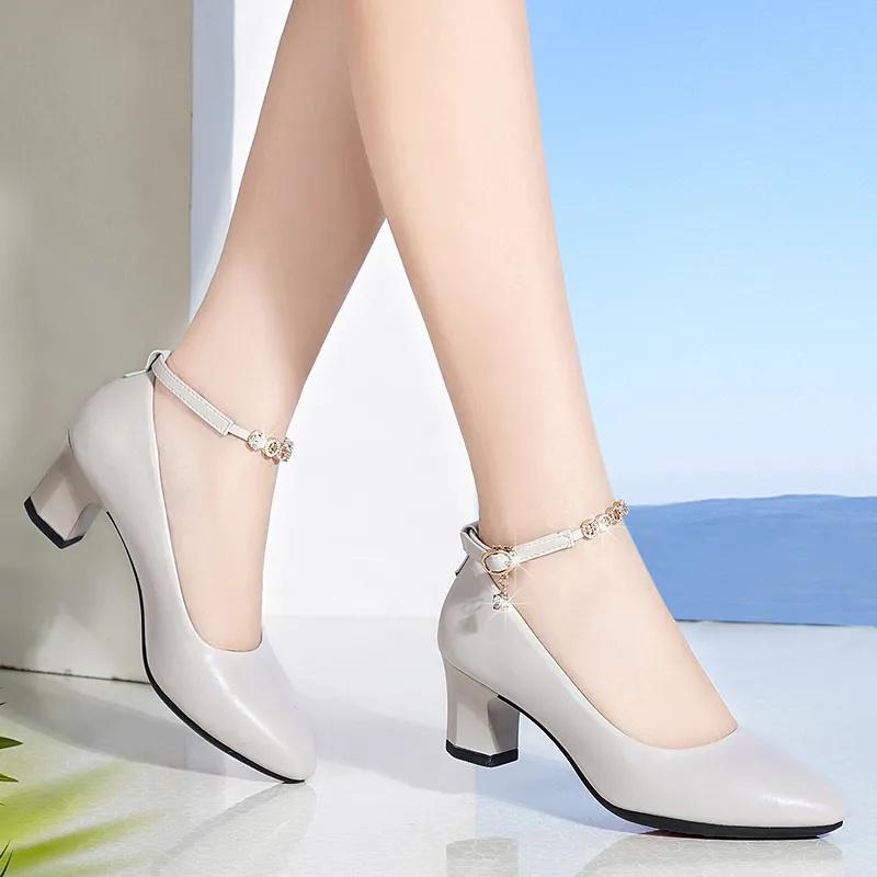  Women Cool Beige Pointed Toe Patent Leather Buckle Strap High Heel Shoes Lady Casual Black Comfort Office Pumps A1433