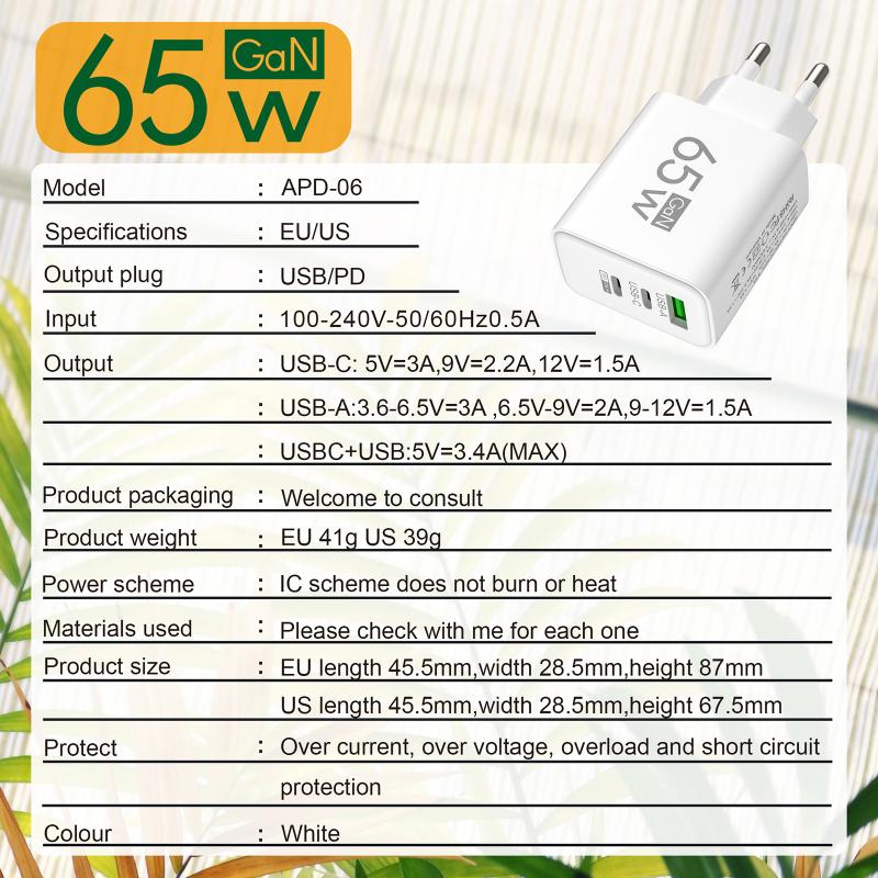 65W GaN Reise-Ladegerät EU-Stecker Dual USB C + USB A Port Schnelllade-Wandadapter Kompaktes Ladegerät für Telefon Laptop Tablet