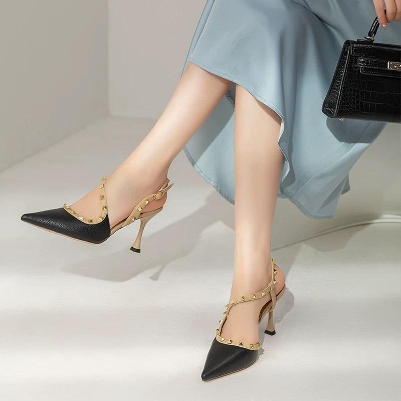 New Retro Woman Shoes Sandals Stiletto Heels Suit Female Beige Original Gladiator Sexy Studded Leather High Girls Black