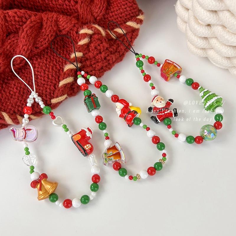 1Pc Christmas Series Mobile Phone Chain Crystal Beaded Snowman Hat Bell Gift Santa Mobile Phone Chain Lanyard Accessories