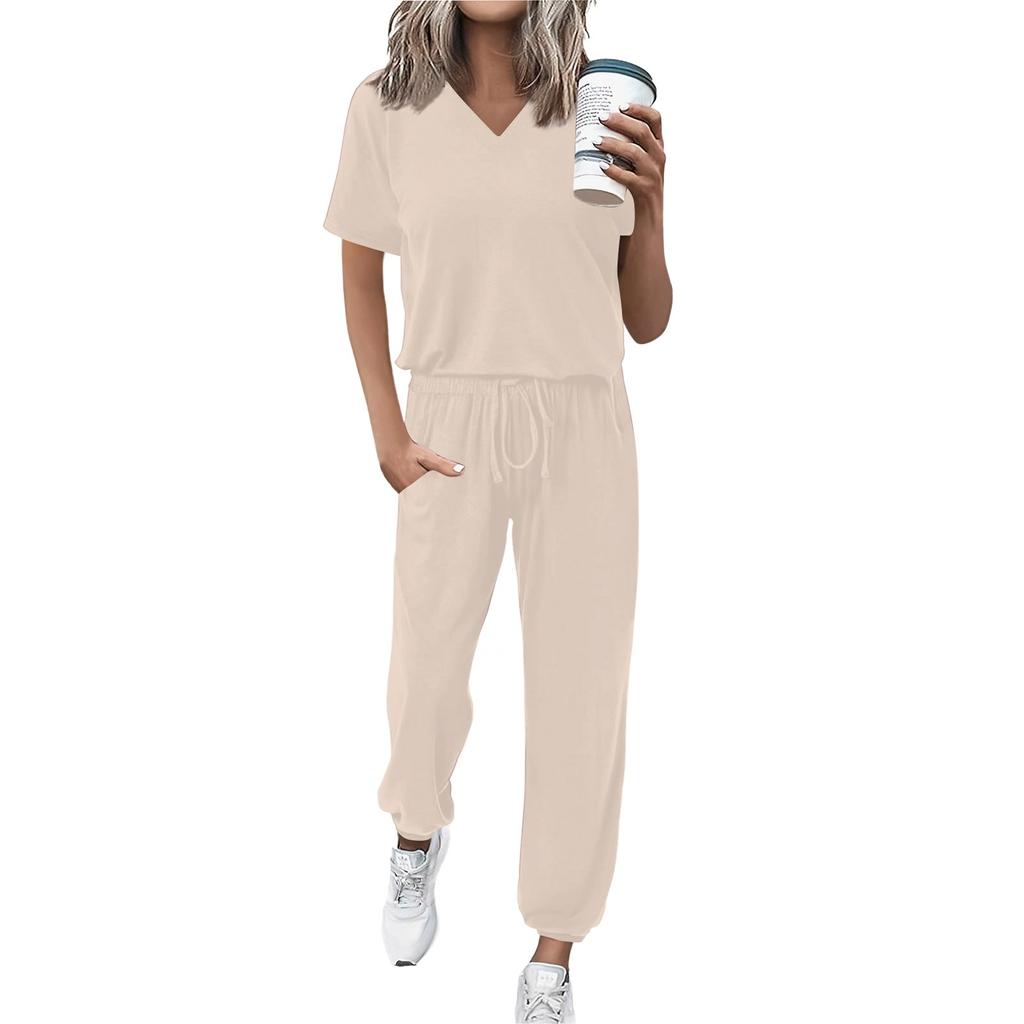 Women's Jogging Fashion V-Neck Color Short Sleeve Belt Loose Pants Tracksuit
