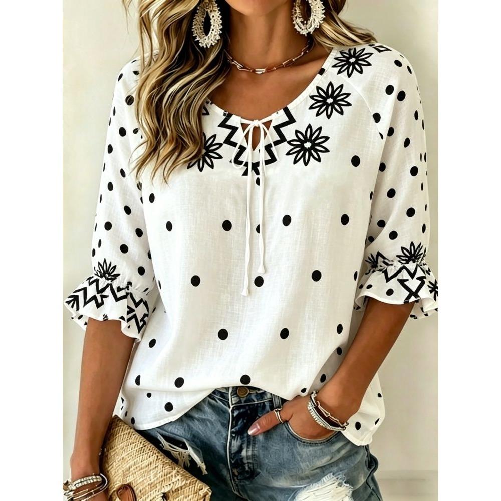 Women's Red & White Floral Embroidered Tie Neck Blouse, Casual Loose Tops for Spring Summer