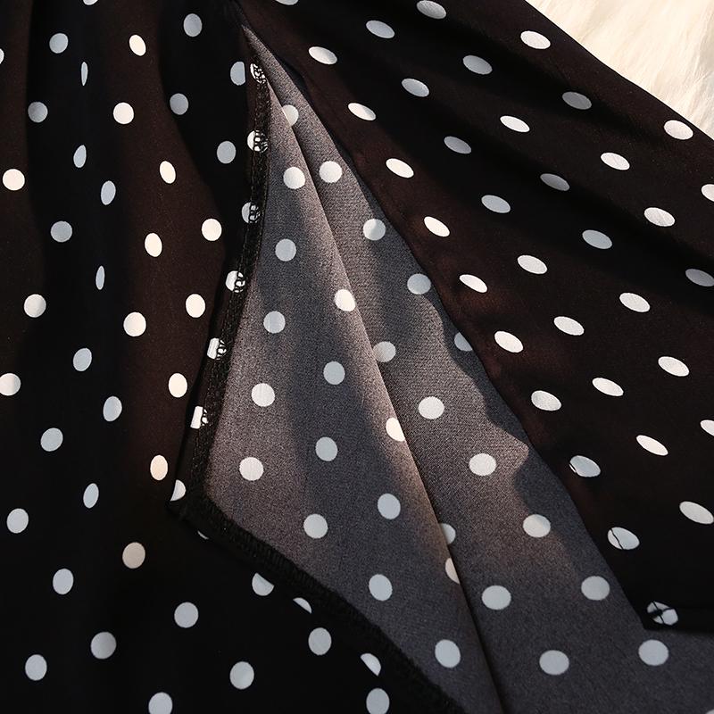 Sexy Vintage Pokal Dot Print Trumpet Midi Skirt Women Back Elastic Band Side Split Ruffles Long Black Skirts