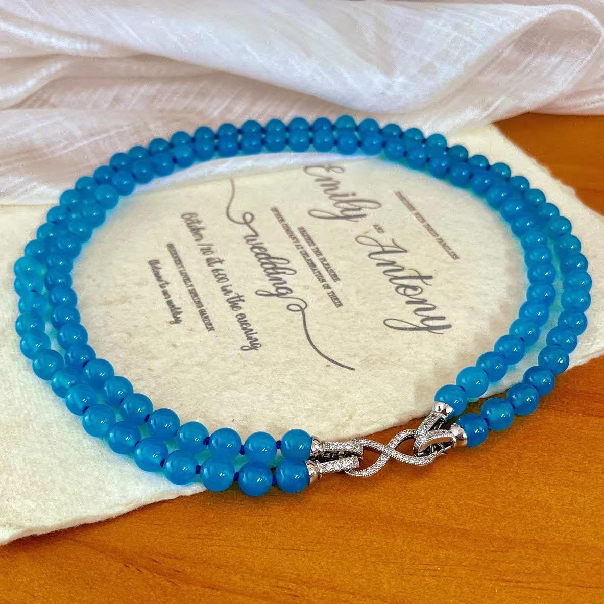 

Retro 8Mm Natural Blue Chalcedony Double-Layer Agate Necklace, Sweater Chain, Quality Knotted