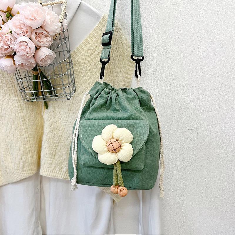Casual Versatile Shoulder Bag Women's Bag Small Fresh Drawstring Bundle Bucket Bag Cute Flower Canvas Messenger Bag