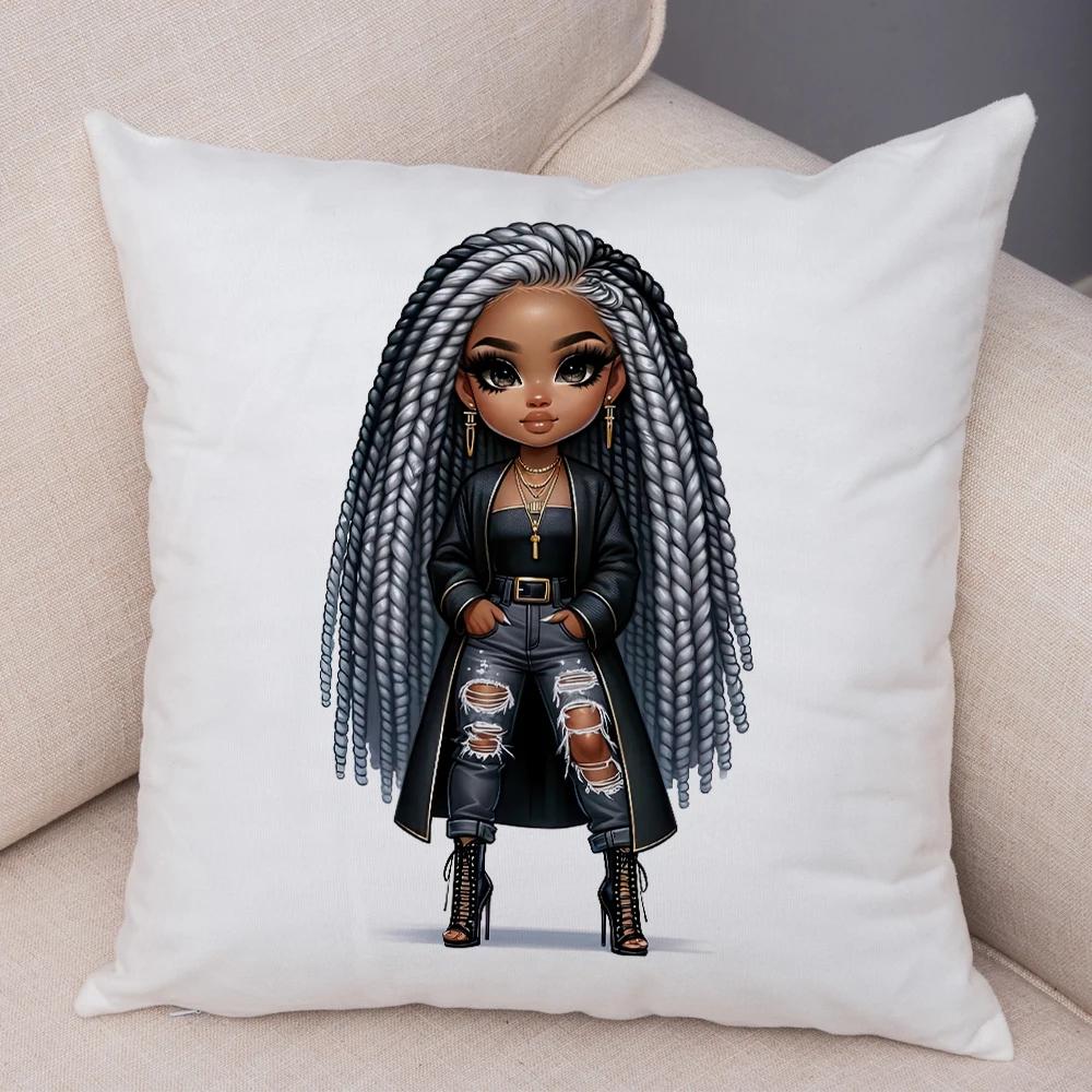 Fashion Cartoon African Girl Pillow Case Soft Plush Cushion Cover for Sofa Home Decor Cute Black Women Throw Pillowcase