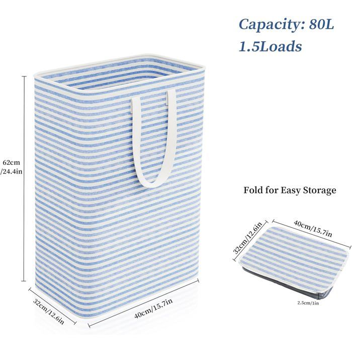 Panier à linge pliable 75L autoportant bleu - Poignées renforcées, lin imperméable 40×32×62 cm
