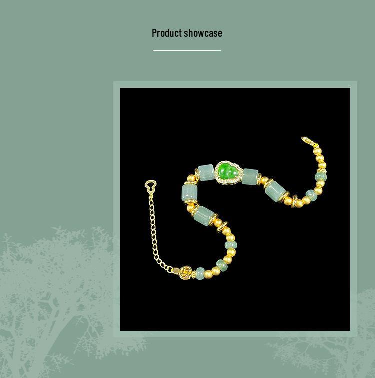 Exquisite Green Gourd Jade Bracelet - Chinese Style, Light Luxury, Gold-Plated Beads, Long-Lasting Color