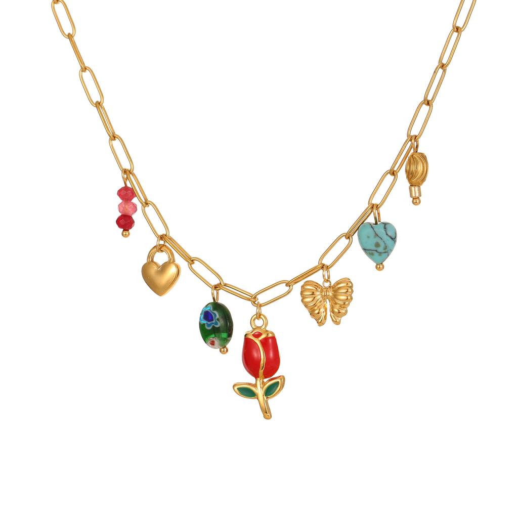 GEMCHIC Women's Fashion Flower Stainless Steel Pendant Necklace with Natural Stone Beads