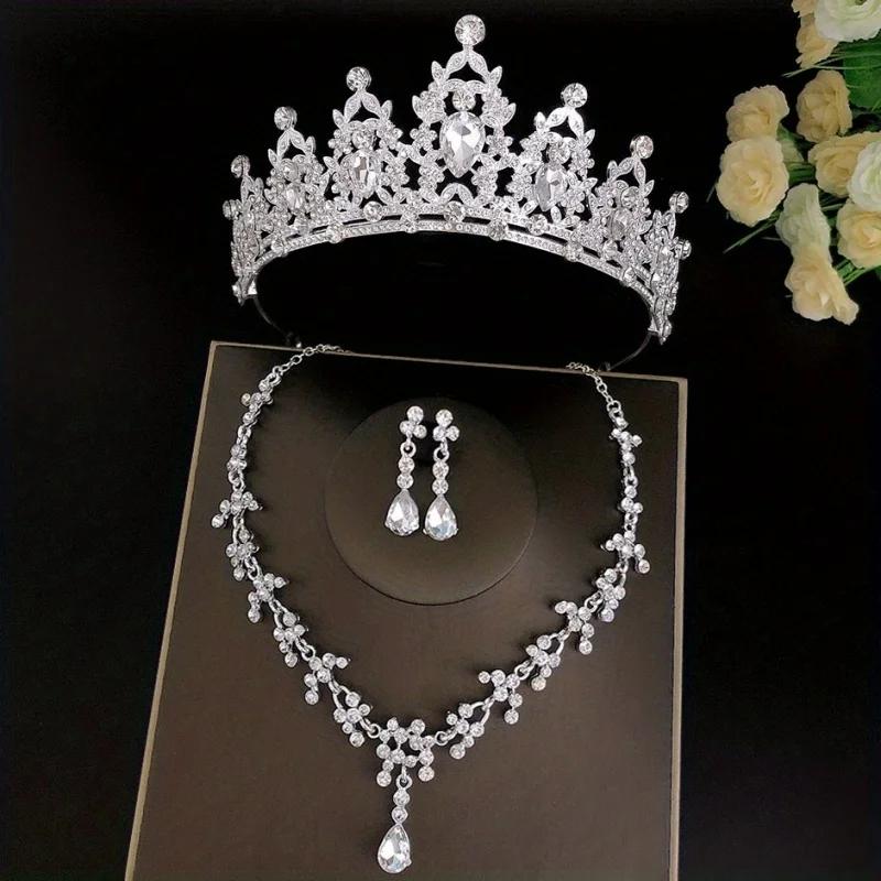 

3pcs/set Crystal Bridal Tiaras And Crowns Earrings Necklace Jewelry Set For Women Bride RhinestoneWedding Hair Accessories Crown серебряный