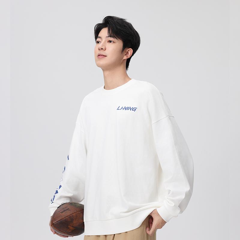Li-Ning Série ze života na kampusu Bílá mikina s kulatým výstřihem a logem Pohodlná, šetrná k pokožce Unisex mikina AWCVD45-1