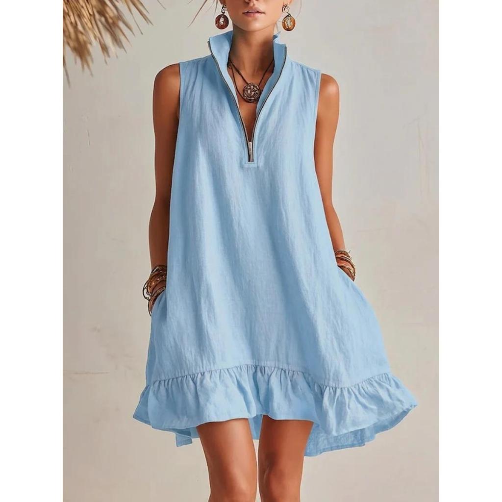 Çift Cepli A Kesim Elbise Fırfır Kenarlı Bahar Yaz Yeni Kadın Kolsuz V Yaka Fermuarlı Elbise Amerika Avrupa İçin
