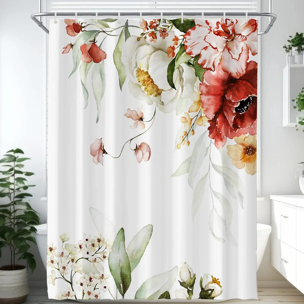 Elegant Floral Shower Curtain Set, Waterproof Fabric with Vibrant Blossoms for Romantic Bathroom Decor, Adds Garden Feel