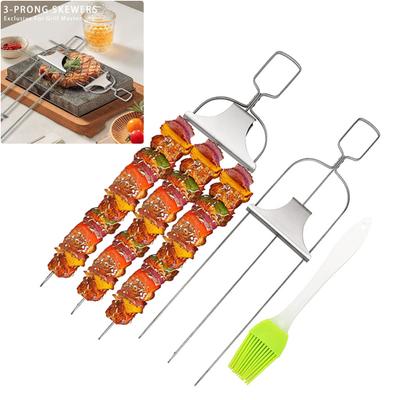 2Pcs Kabob Skewers With Push Bar Reusable Kabob Sticks Stainless Steel 3-Prong BBQ Skewers for Grilling Meat Veggies Shrimp