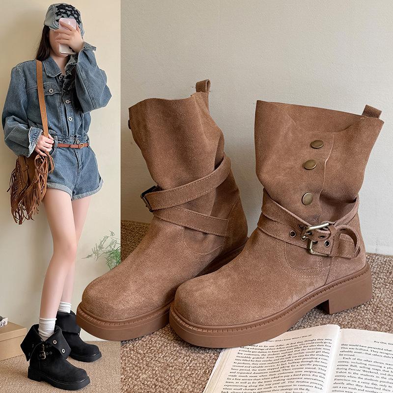 Vintage Versatile Maillard Boots 2025 Autumn and Winter Thick-soled Two Wear Belt Medium Boots Premium Martin Boots Short Boots