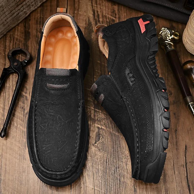 Men's Cowhide Plus Size Loafers Men's Casual Leather Shoes Outdoor Hiking Shoes