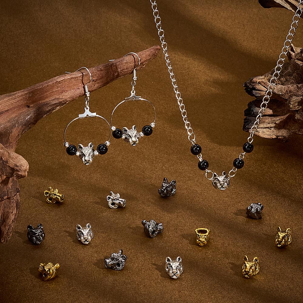 1set 18pcs 3 Colors Style Alloy Beads Tiger Head Mixed Color 11.5x10x9mm Hole: 1.6~1.9mm 6pcs/color
