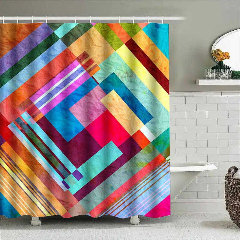 Modern Bold Bathroom Decor: Colorful Geometric Shower Curtain For Bathtub Area Easy Install, Water-Resistant Fabric