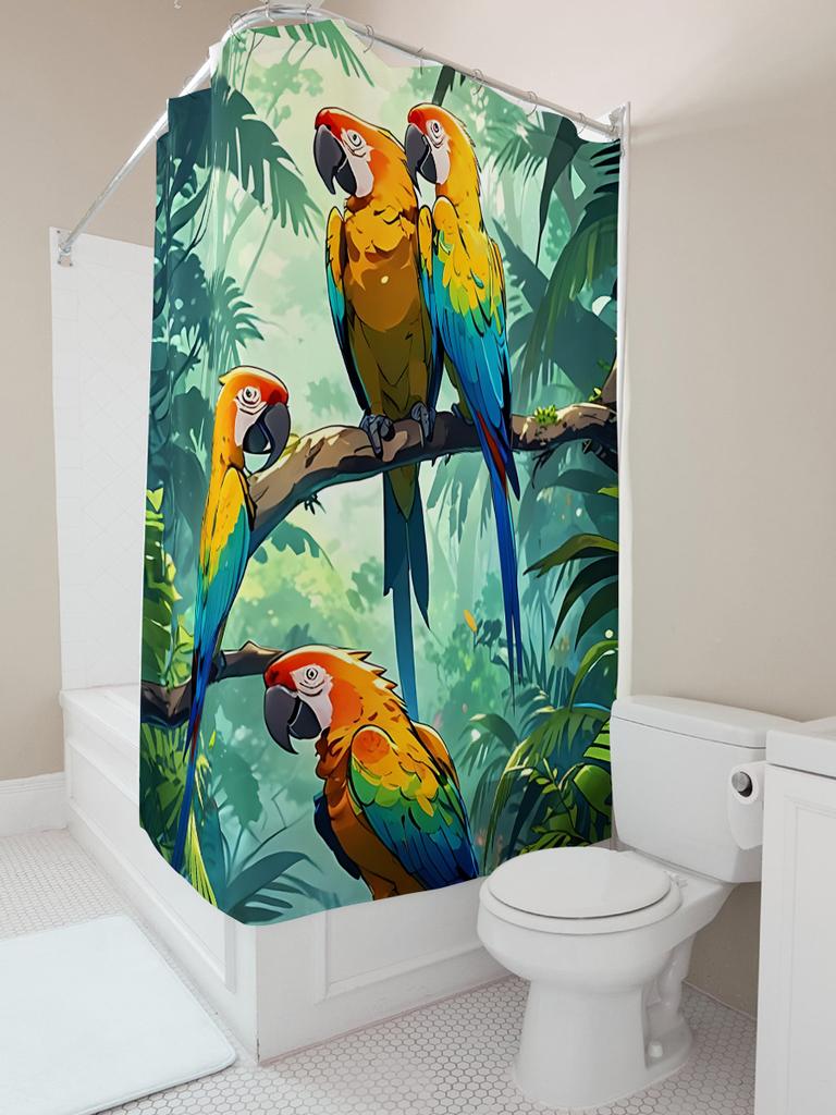 Tropical Rainforest Style Macaw Pattern Shower Curtain Waterproof and Anti-mildew Bathroom Hanging Curtain Complimentary hook
