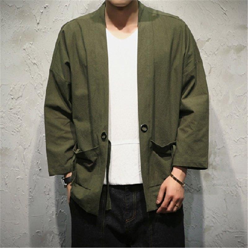 Rochie de vară în stil chinezesc țesută cu pene Cardigan Hanfu pentru bărbați Kimono japonez din in și bumbac Jachetă cămașă cu mâneci trei sferturi