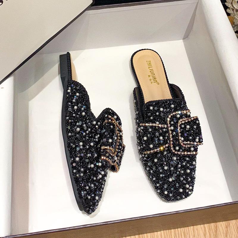 Women Elegant Summer Versatile Flat Sole Square Toe Lady Slippers Bling Rhinestone Half Slippers Female Outside Muller Shoes