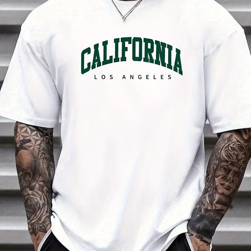 Summer Men's 100% Cotton Casual Sports Loose Large California Letter Printed Comfortable Round Neck Short Sleeve T-shirt Top