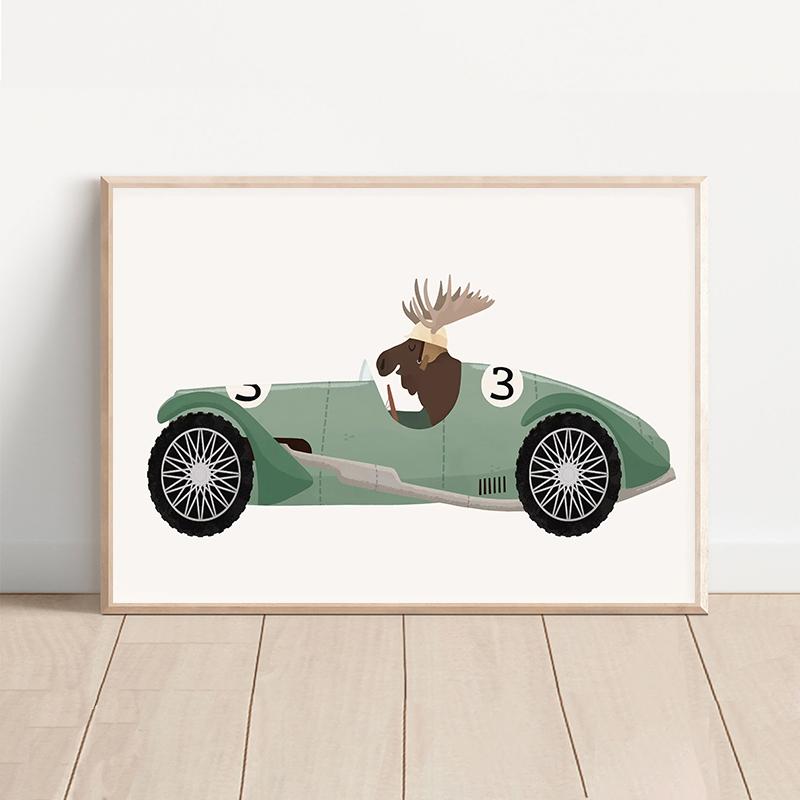 Animals On Cars Cartoon Posters Elephant Giraffe Raccoon Canvas Printing Wall Art Picture for Nursery Living Room Home Deco Gift
