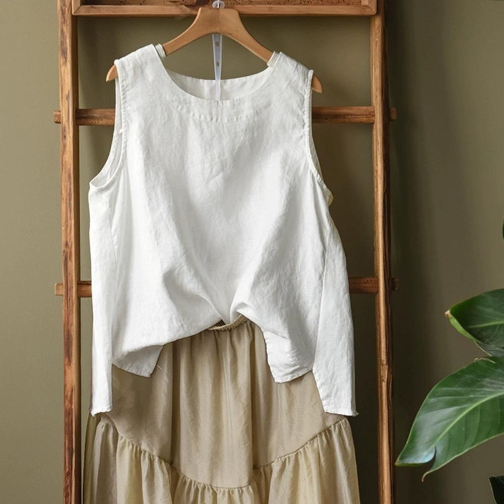 Women Solid Linen Sleeveless Tank Top Round Neck Loose Side Split Casual Vintage Literary Summer Camisole Blouse