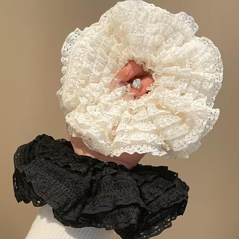 2 Pcs Hollow Lace Scrunchies for Women, Elegant Double-Layer Lace Hair Ties, Luxury Style Hair Accessories