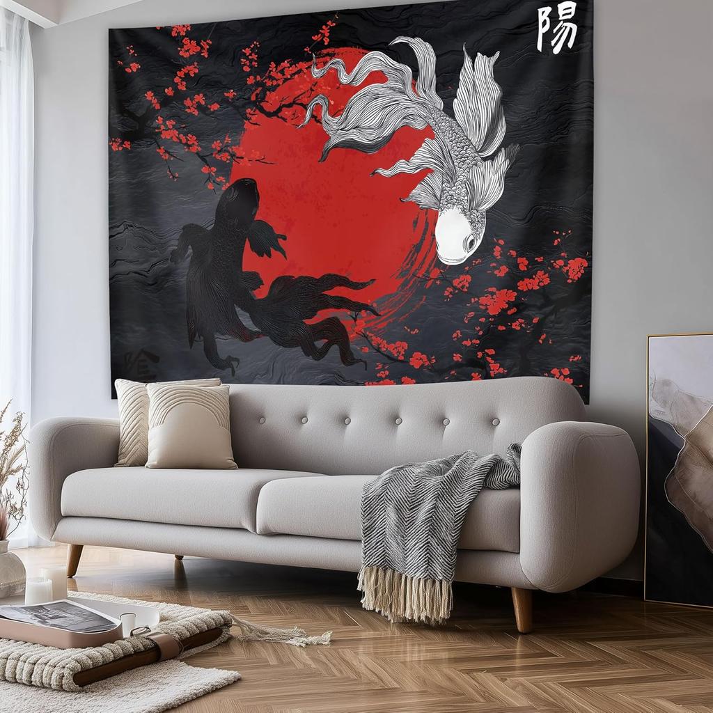 Raoycla Japanese Anime Tapestry, Red and Black Yin Yang Koi Fish Tapestries, Cherry Blossom Cool Asian Mens Masculine Art Tapestry Hanging for