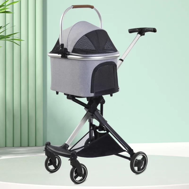 Foldable Pet Strollers Small Medium Dog Lightweight Four-wheel Stroller Multifunctional Carrying Basket Outdoor Travel Carrier