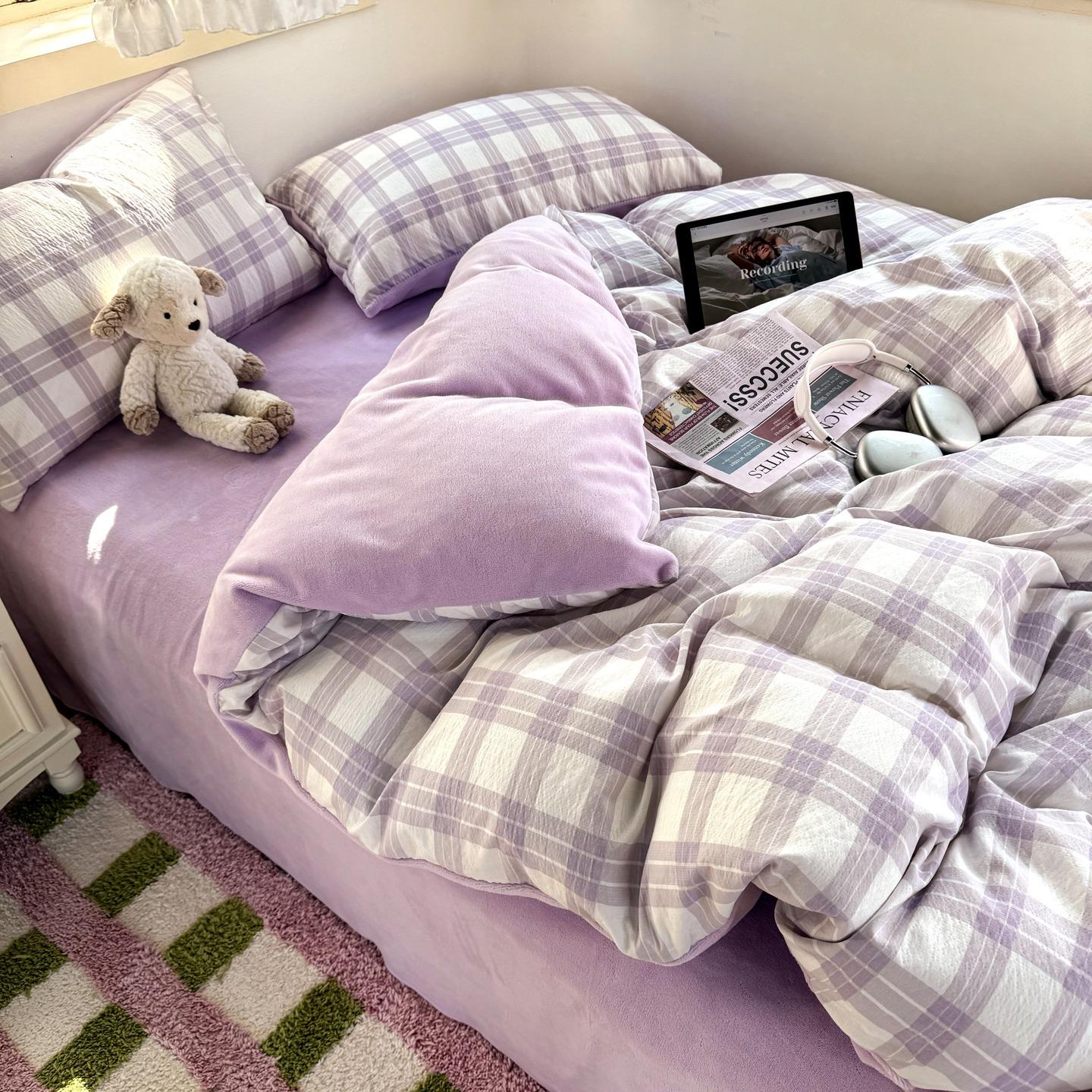 

Autumn and winter thickened milk fleece bed 4-piece set double yarn quilt cover bed sheet three-piece set for students 1.2m sheet 3pcs