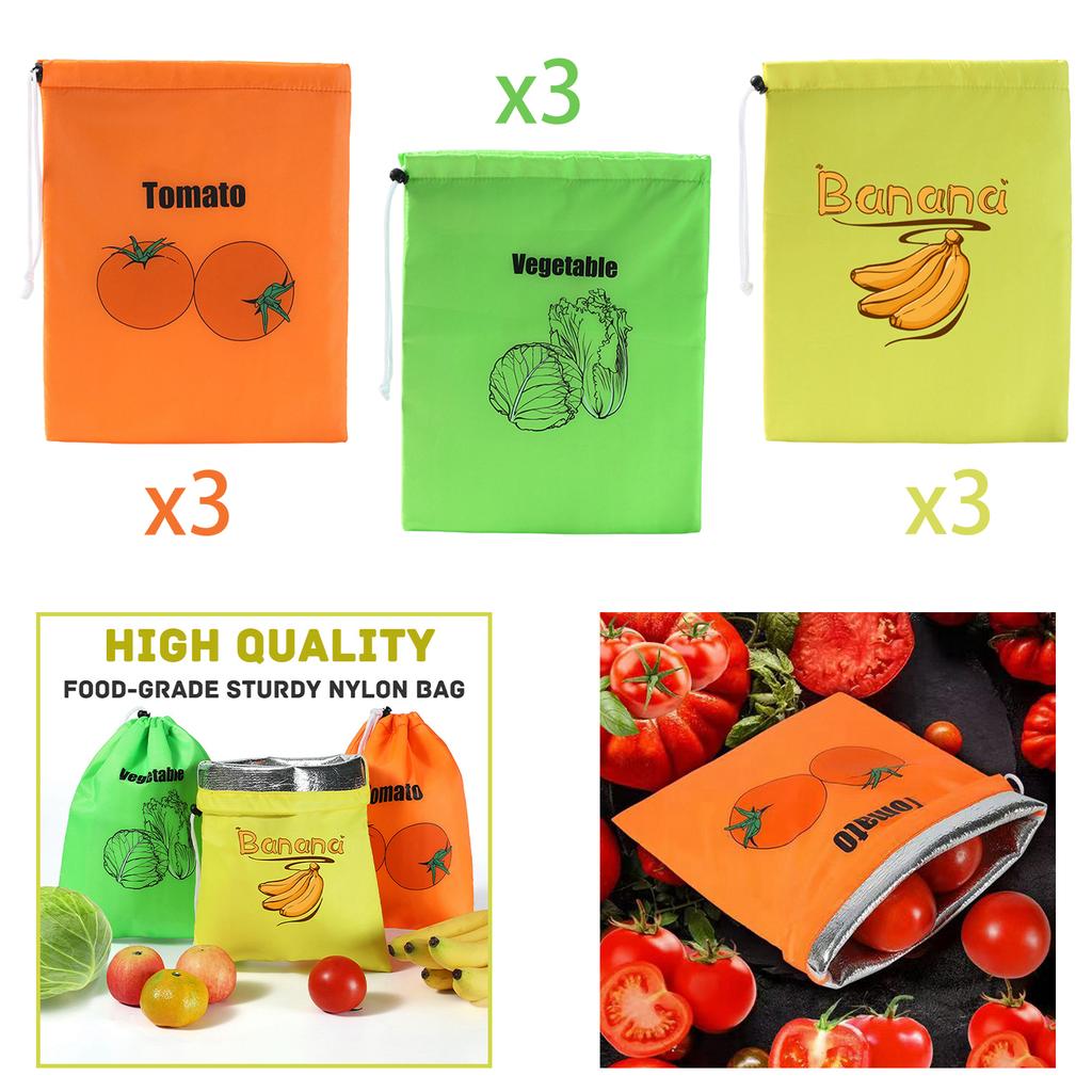 9Pcs 3 Color Reusable Food Storage Bags Bananas Lettuce Tomatoes 13.7x11inch Vegetable Fruit Keep Fresh Bags Aluminum Liner
