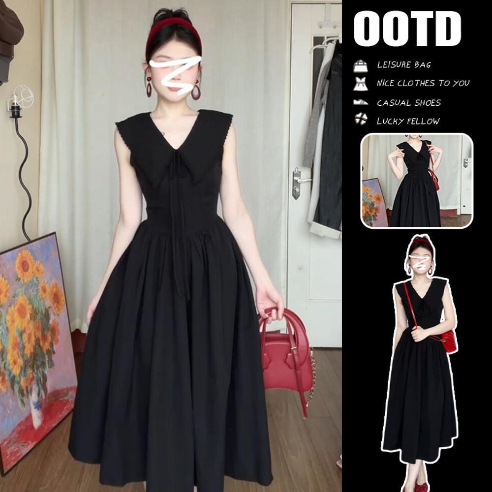 

Hepburn-Style Black V-Neck Sleeveless Summer Dress - Elegant Long French Tea Dress M (Recommended 45-50 kg)