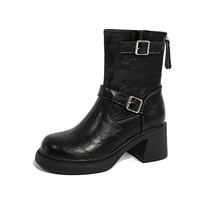 Fashion All Leather 7Cm Thick Heel Short Boots for Women's Shoes Autumn/winter New Double Buckle Decoration Breathable Slim Botas Mujer