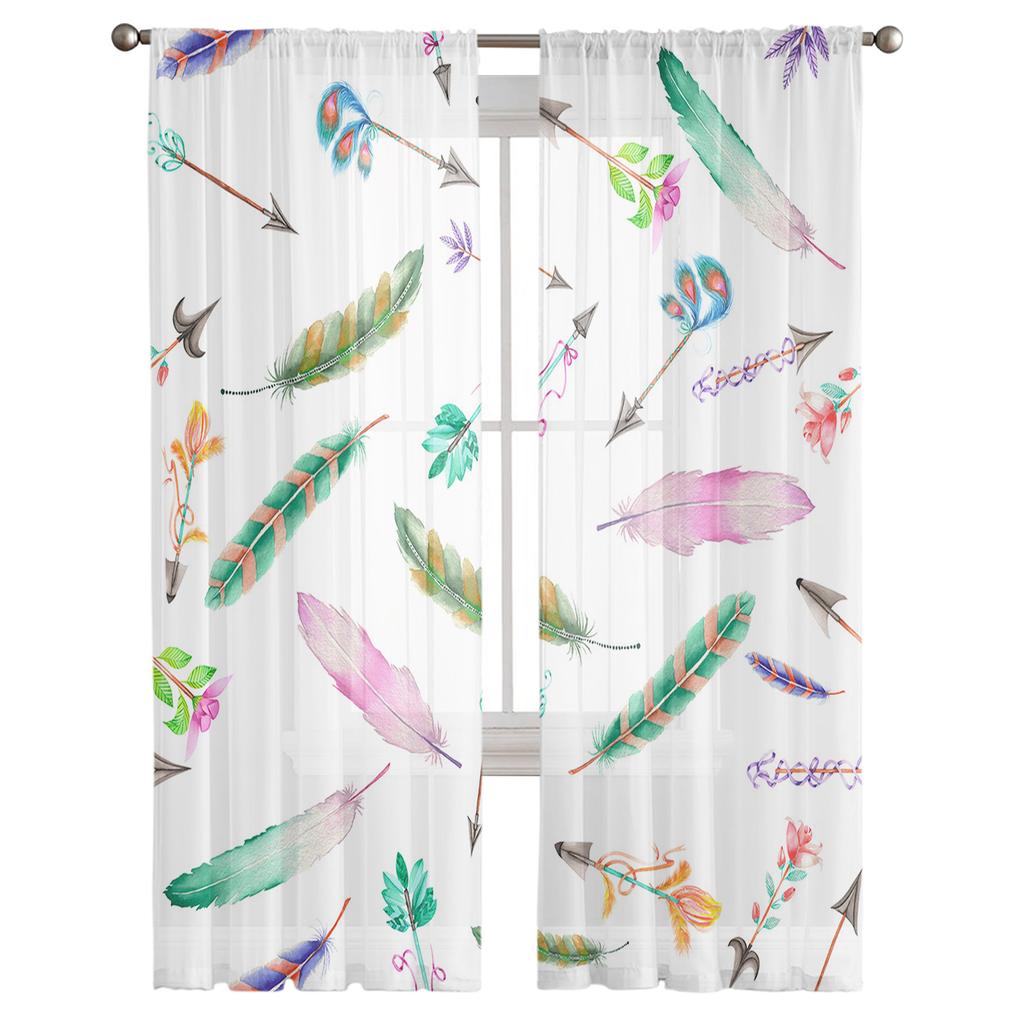 Watercolor Feather Arrow Modern Tulle Curtains For Living Room Bedroom Home Kitchen Window Sheer Curtains