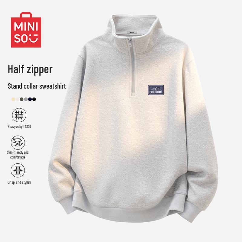 MINISO Men s American Retro Half-Zip Stand Collar Sweatshirt L