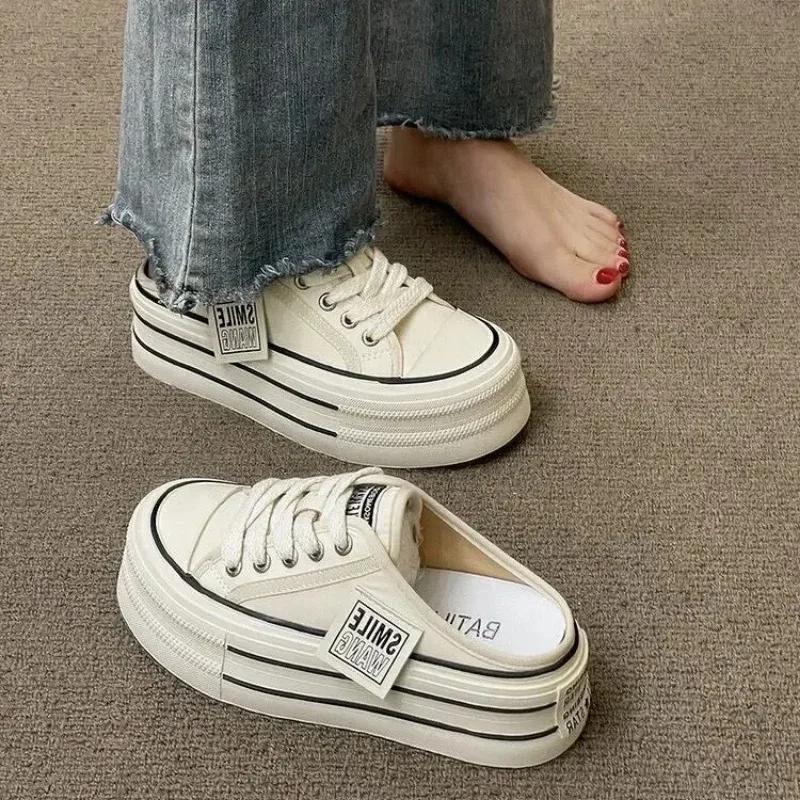 Fashion Summer New Thick Soles Increase Slippers Trend All Lazy People A Slip-on Half Drag Fashion Casual Canvas Shoe Women Plus Size 40