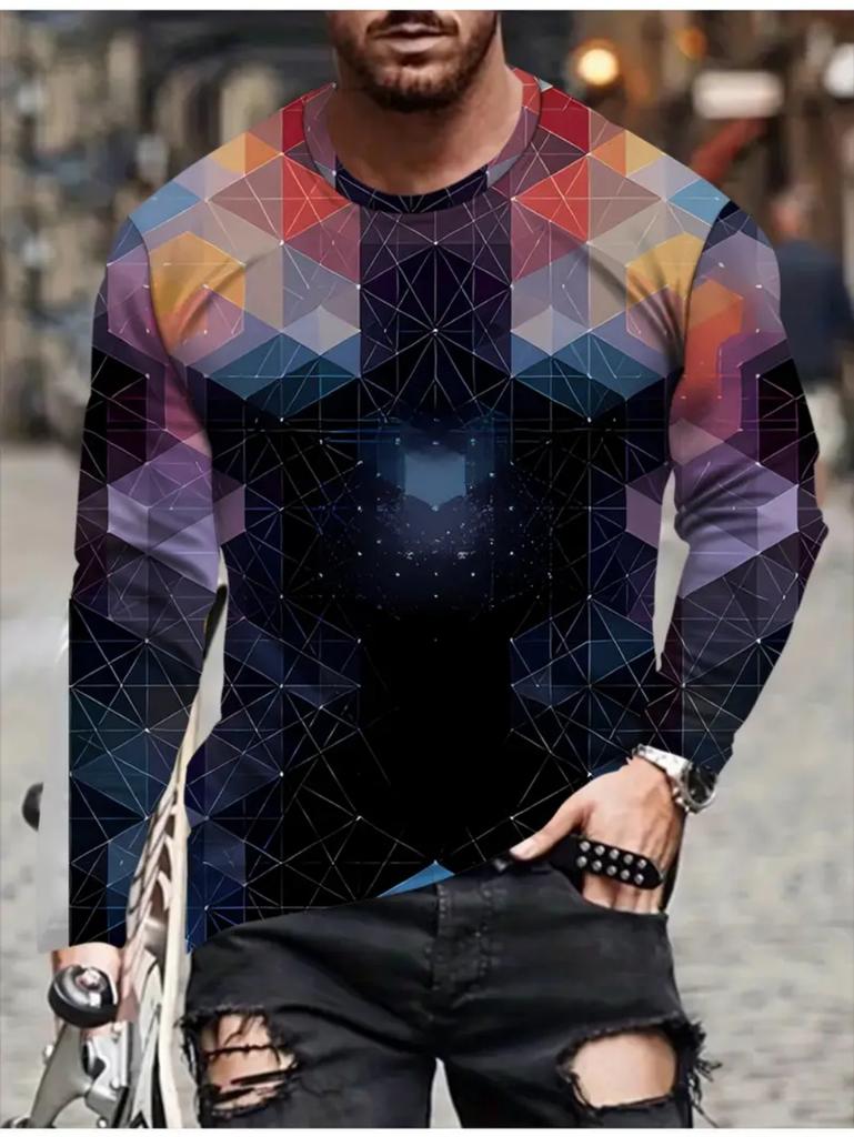 T Shirts for Man Geometric Block 3D Print Autumn Long Sleeve T-Shirt Pullover Casual Male Tops Street Lightweight Men's Clothes